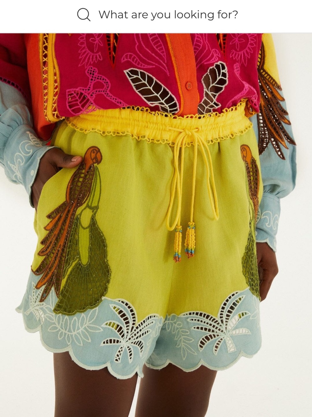 FARM Rio Usiacuri Yellow Parrot Embroidered Richelieu Drawstring Shorts